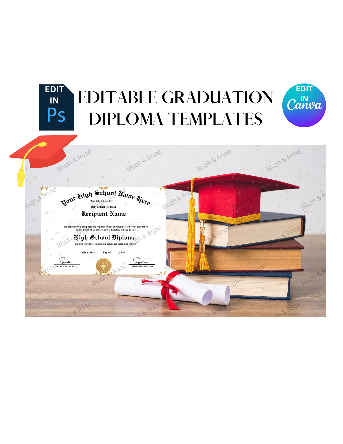 Editable High School Diploma Template, High School Diploma, Diploma Replica Template, Instant Download