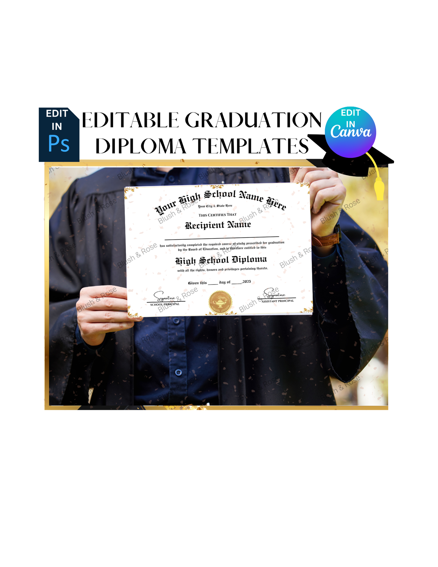 Editable High School Diploma Template, High School Diploma, Diploma Replica Template, Instant Download