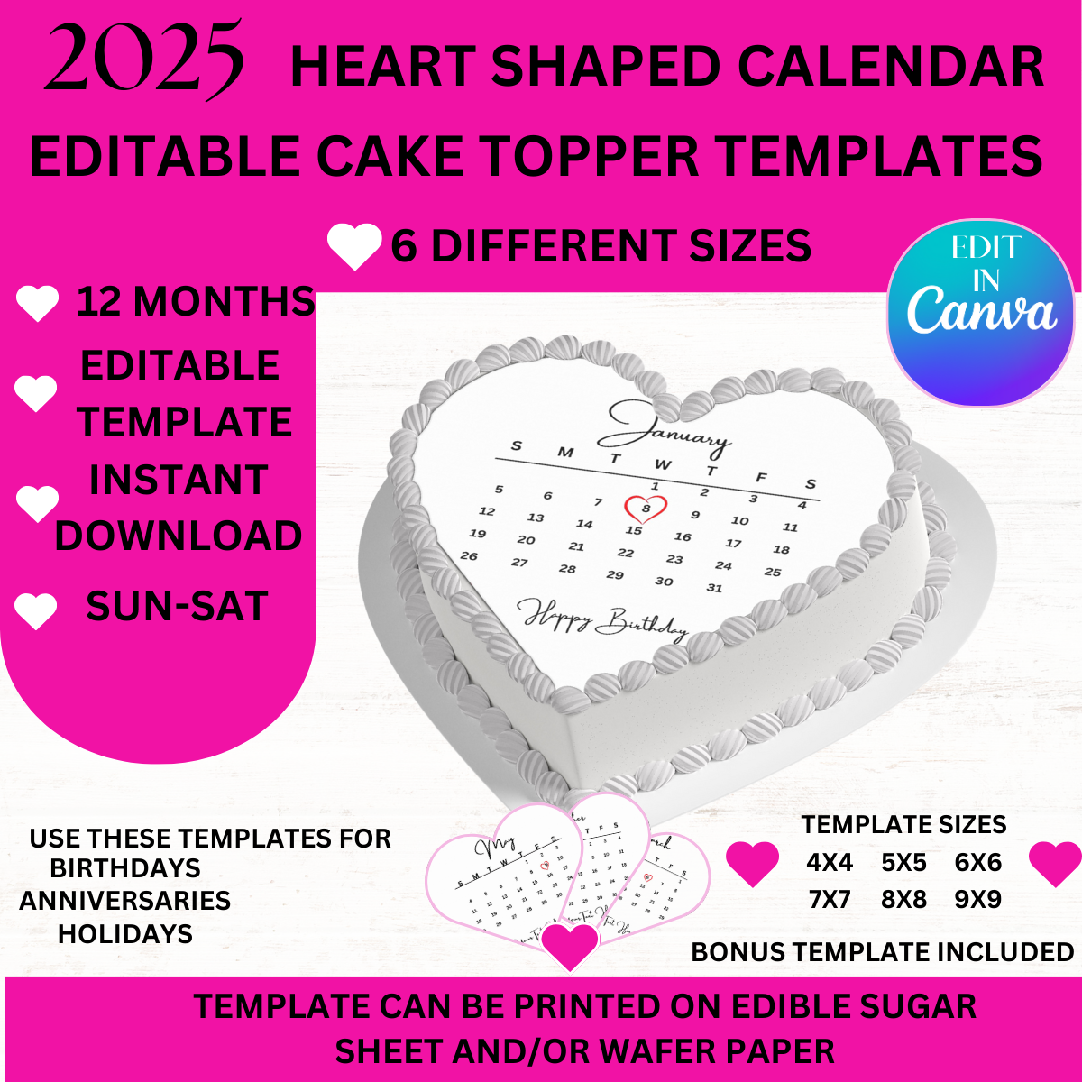 2025 Editable Heart Calendar Templates